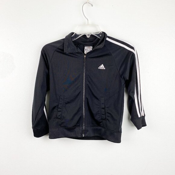 🦋 ADIDAS Kids Black Track Zip Up Jacket 3 Stripe Size 6 - Picture 1 of 6